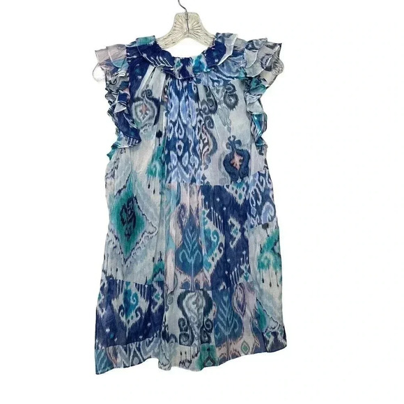 Zimmermann Glassy Ruffle Tank Blue Ikat Patch Size 1 US 6 Medium Cotton Silk - Picture 3 of 6